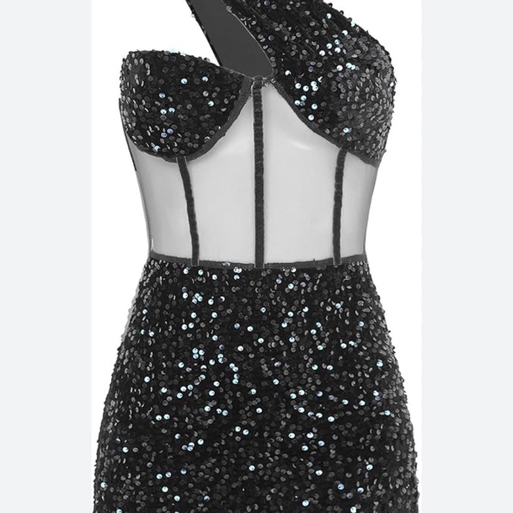 Freebily Women's Sequin Glitter Mesh Patchwork Dress One Shoulder Bandage <283> - Picture 3 of 6